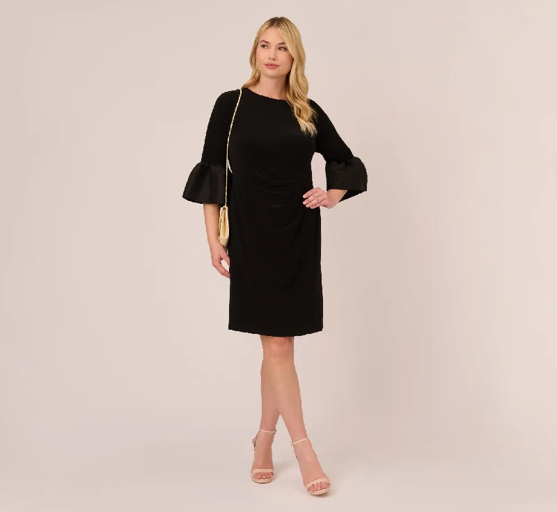 Plus Size Draped Jersey Short Sheath Dress With Bell Cuffs In Black