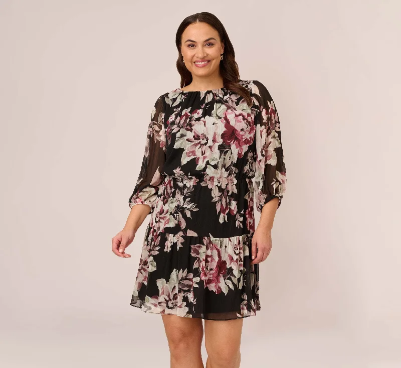 Plus Size Floral Chiffon Dress With Three Quarter Length Sleeves In Black Multi