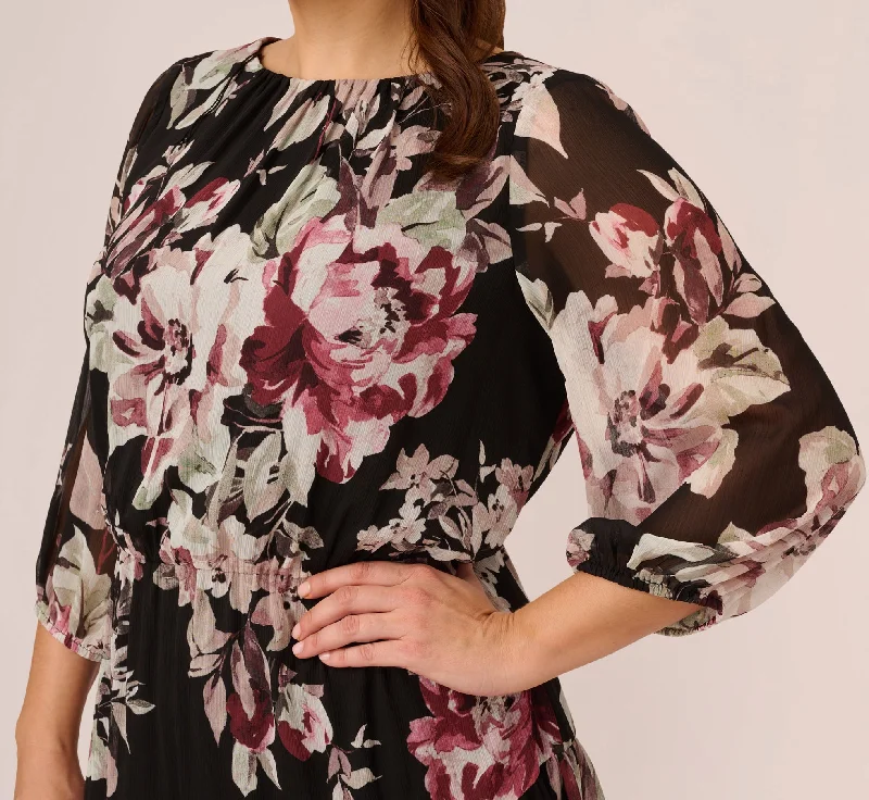 Plus Size Floral Chiffon Dress With Three Quarter Length Sleeves In Black Multi