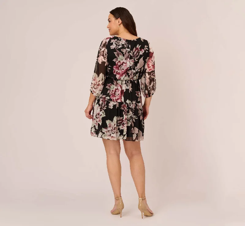 Plus Size Floral Chiffon Dress With Three Quarter Length Sleeves In Black Multi