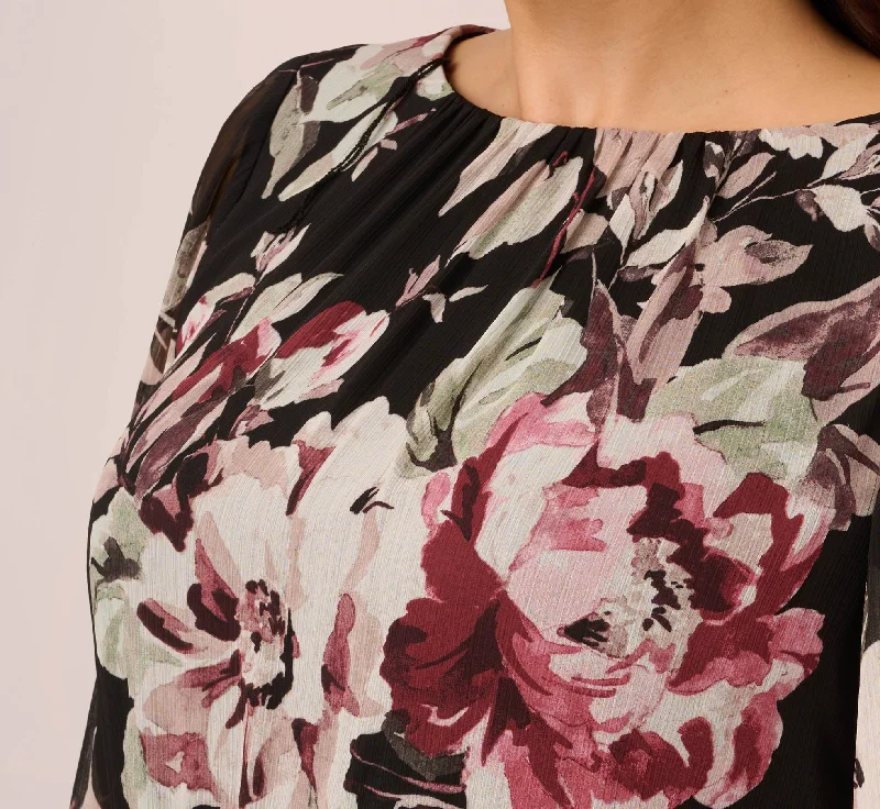 Plus Size Floral Chiffon Dress With Three Quarter Length Sleeves In Black Multi