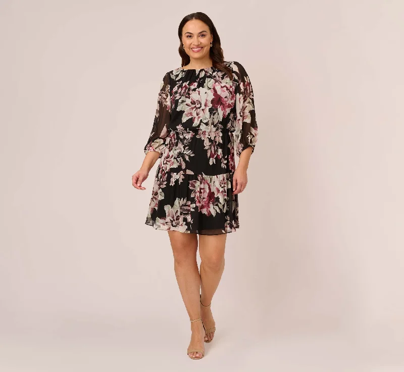 Plus Size Floral Chiffon Dress With Three Quarter Length Sleeves In Black Multi