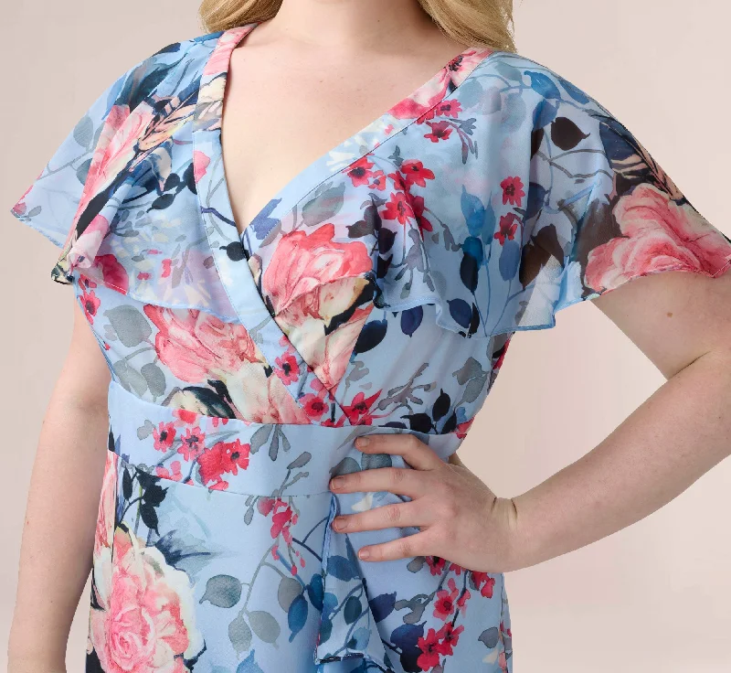 Plus Size Floral Faux Wrap Dress In Blue Multi