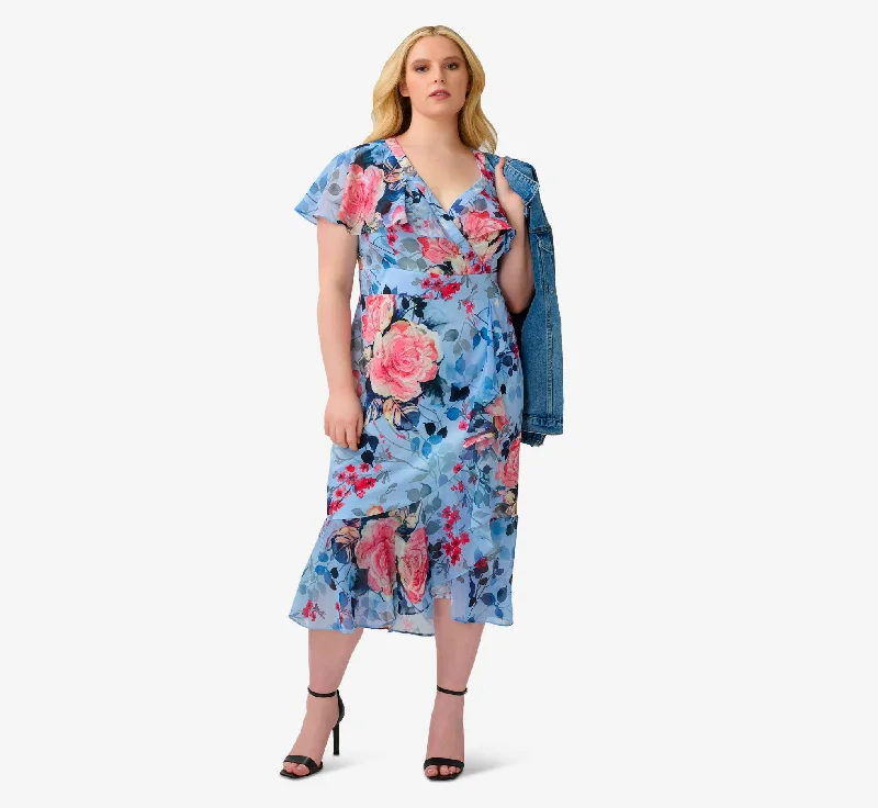 Plus Size Floral Faux Wrap Dress In Blue Multi