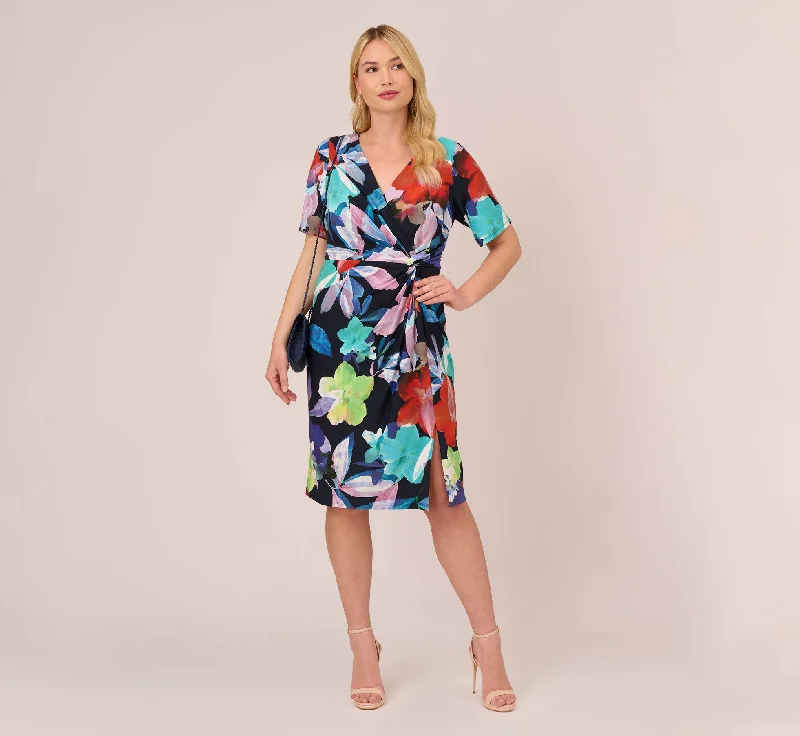 Plus Size Floral Knotted Sheath Dress With Elbow-Length Sleeves In Dark Navy Multi