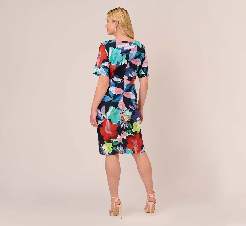 Plus Size Floral Knotted Sheath Dress With Elbow-Length Sleeves In Dark Navy Multi