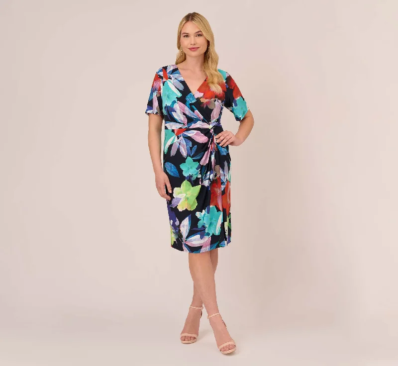 Plus Size Floral Knotted Sheath Dress With Elbow-Length Sleeves In Dark Navy Multi