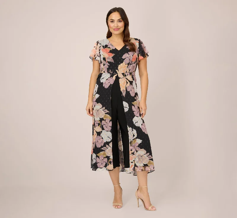 Plus Size Floral-Print Chiffon And Jersey Cropped Jumpsuit In Black Multi