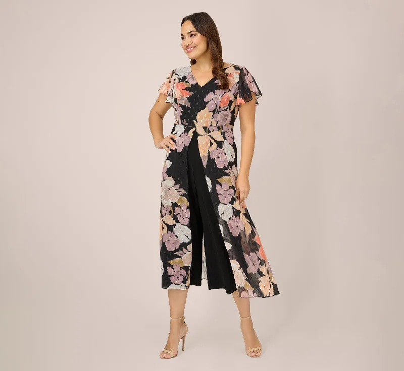 Plus Size Floral-Print Chiffon And Jersey Cropped Jumpsuit In Black Multi