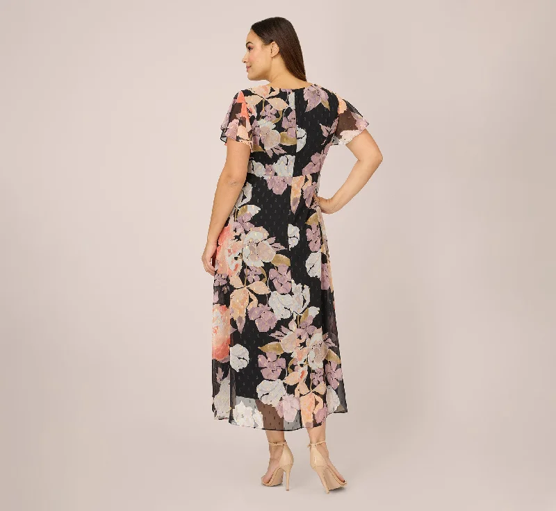 Plus Size Floral-Print Chiffon And Jersey Cropped Jumpsuit In Black Multi