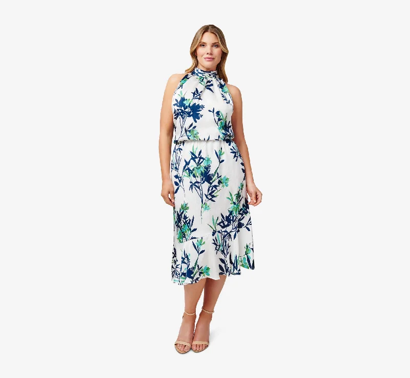 Plus Size Floral-Print Crepe Midi-Length Blouson Halter Dress In Ivory Multi