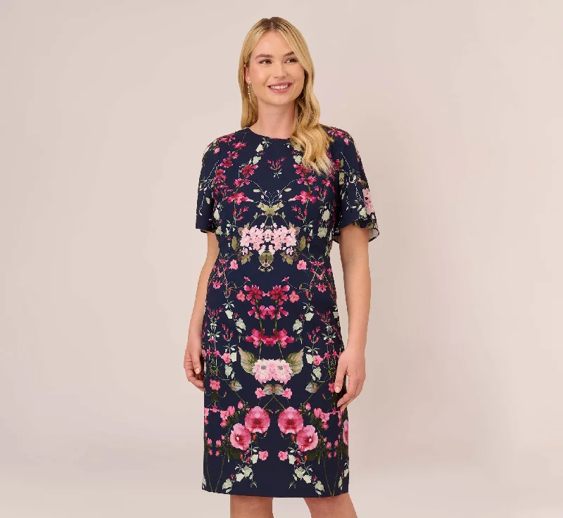 Plus Size Floral-Print Crepe Midi-Length Sheath Dress In Navy Multi