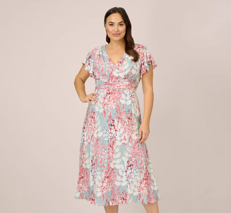 Plus Size Floral-Print Fit-And-Flare Midi-Length Chiffon Dress In Aqua Multi