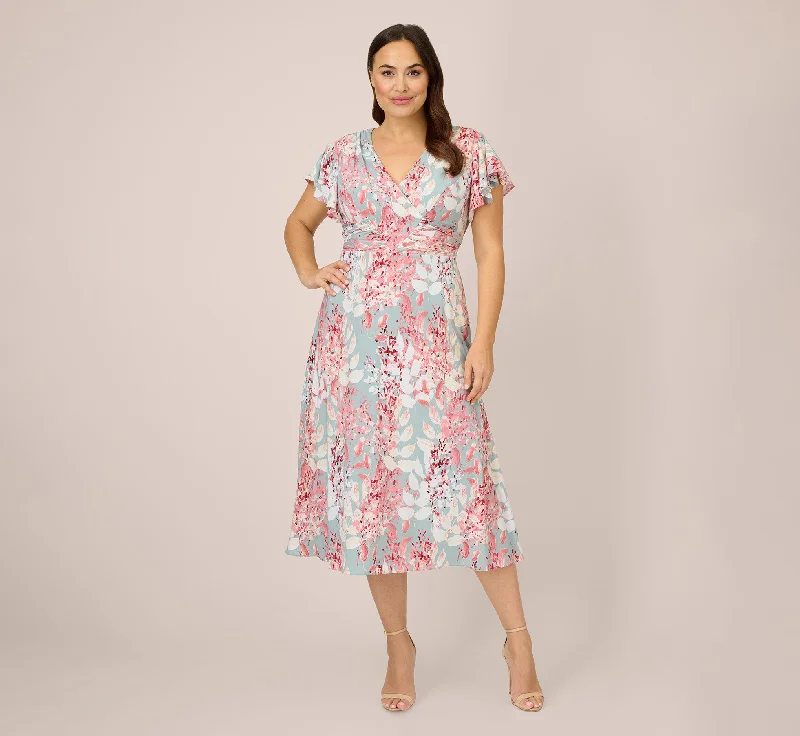 Plus Size Floral-Print Fit-And-Flare Midi-Length Chiffon Dress In Aqua Multi