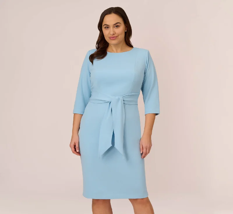 Plus Size Knit Crepe Bow Sheath Dress With Three Quarter Sleeves In Blue Mist