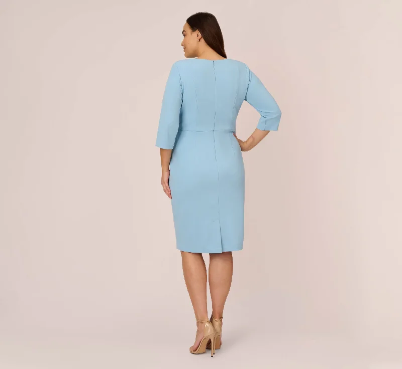 Plus Size Knit Crepe Bow Sheath Dress With Three Quarter Sleeves In Blue Mist