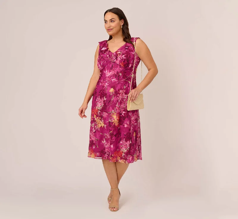 Plus Size Metallic Floral Chiffon Midi Dress With Ruffled Neckline In Raspberry Multi