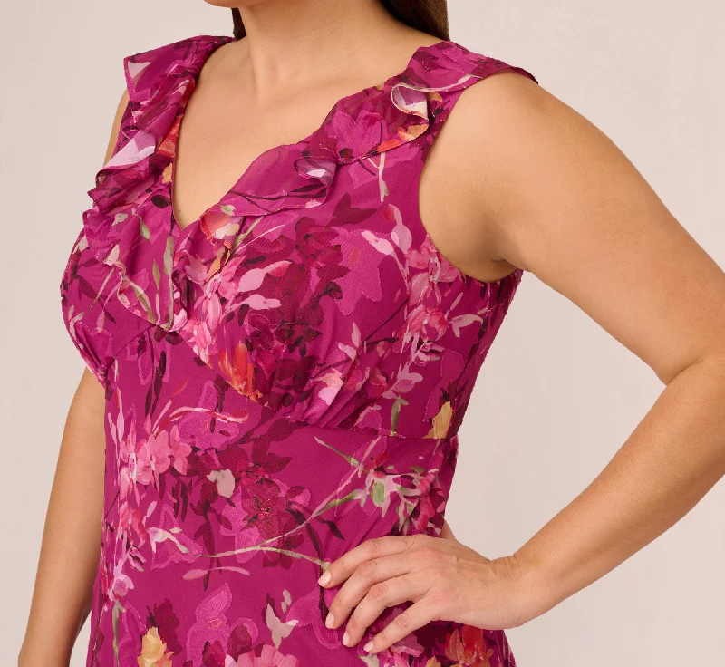 Plus Size Metallic Floral Chiffon Midi Dress With Ruffled Neckline In Raspberry Multi