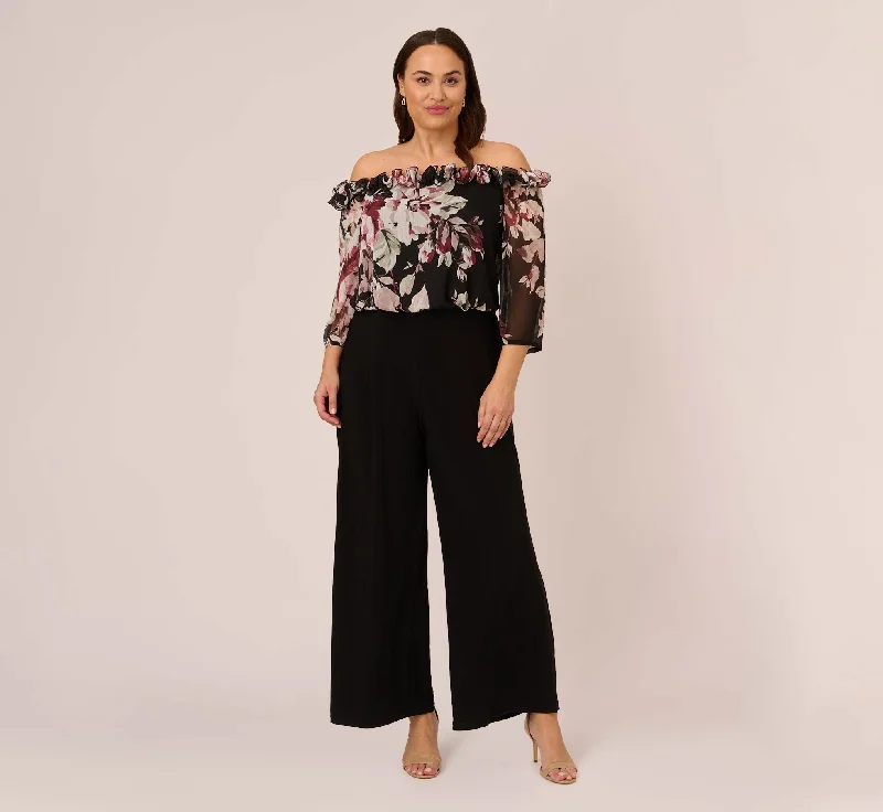 Plus Size Off The Shoulder Jumpsuit With Floral Embroidered Bodice In Black Multi