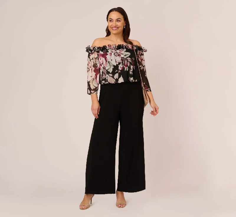 Plus Size Off The Shoulder Jumpsuit With Floral Embroidered Bodice In Black Multi