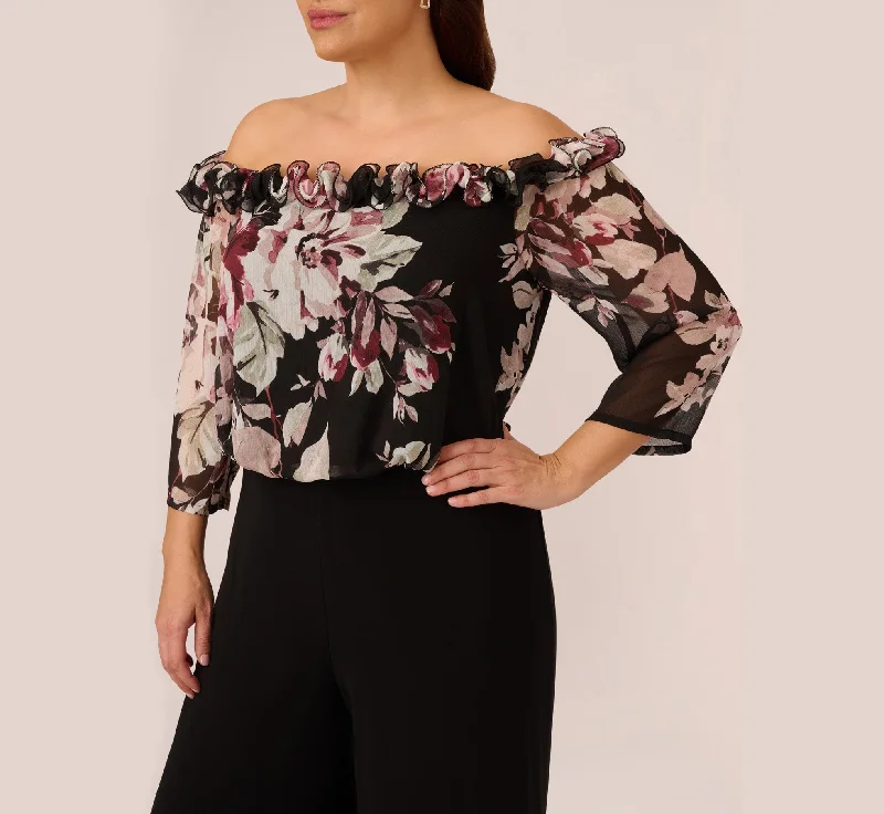 Plus Size Off The Shoulder Jumpsuit With Floral Embroidered Bodice In Black Multi