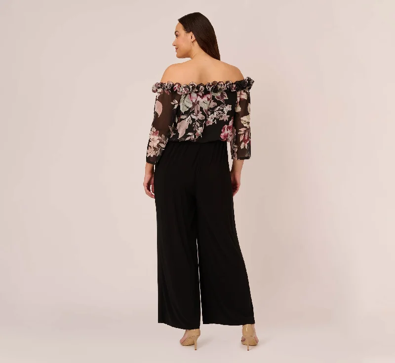 Plus Size Off The Shoulder Jumpsuit With Floral Embroidered Bodice In Black Multi