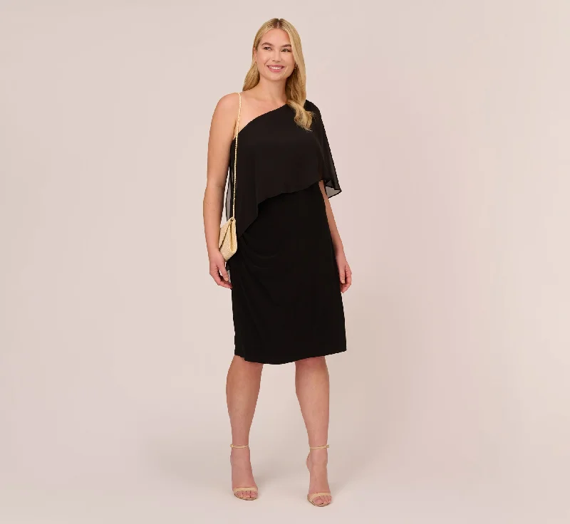 Plus Size One Shoulder Dress With Chiffon Cape In Black