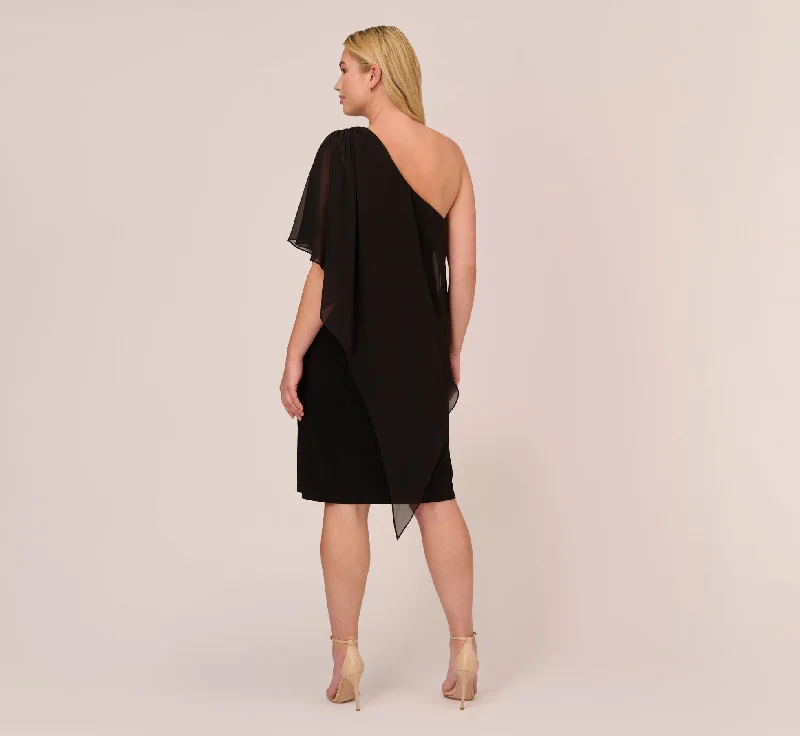 Plus Size One Shoulder Dress With Chiffon Cape In Black