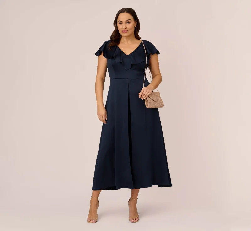 Plus Size Satin Crepe Ruffled Cropped Jumpsuit In Dark Navy