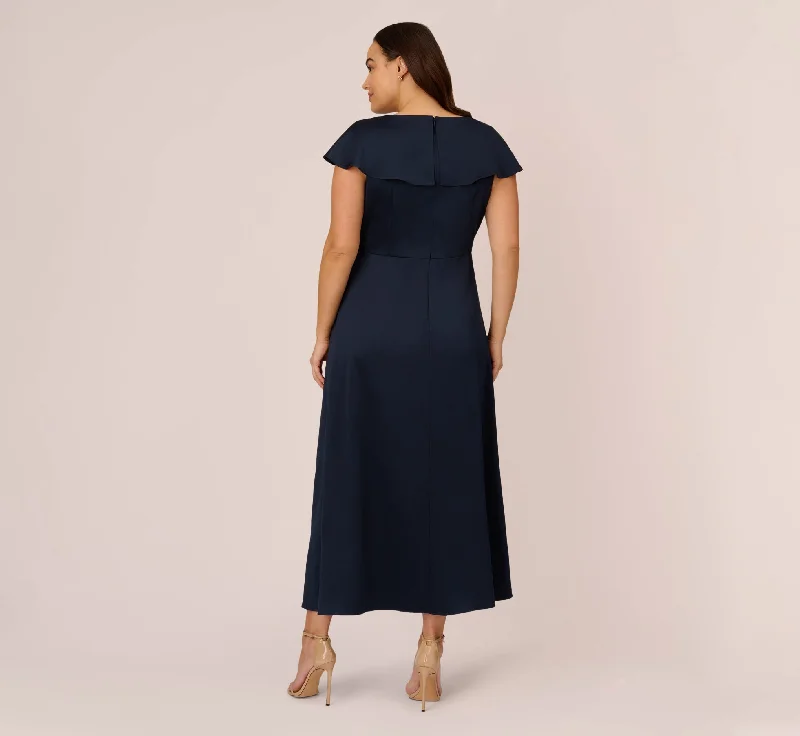 Plus Size Satin Crepe Ruffled Cropped Jumpsuit In Dark Navy