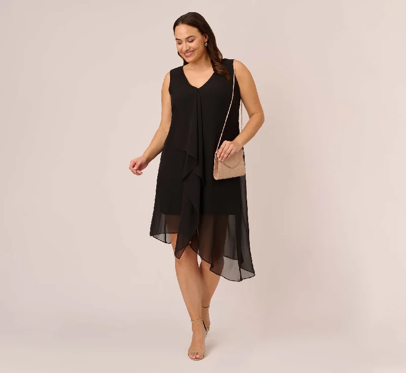 Plus Size Sleeveless Chiffon Dress With Cascading Details In Black