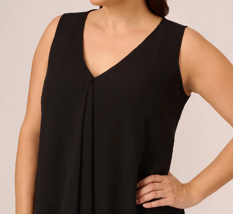 Plus Size Sleeveless Chiffon Dress With Cascading Details In Black