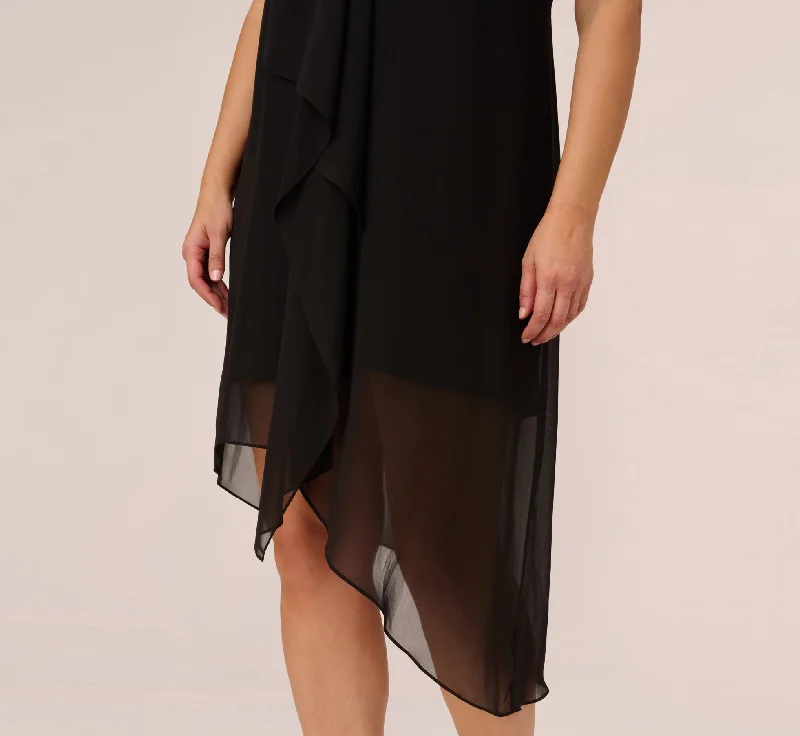 Plus Size Sleeveless Chiffon Dress With Cascading Details In Black