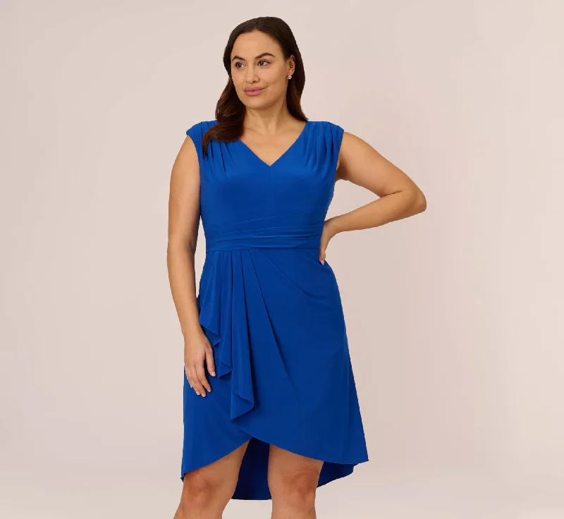 Plus Size Stretch Matte Jersey Draped Asymmetrical Short Dress In Rich Royal