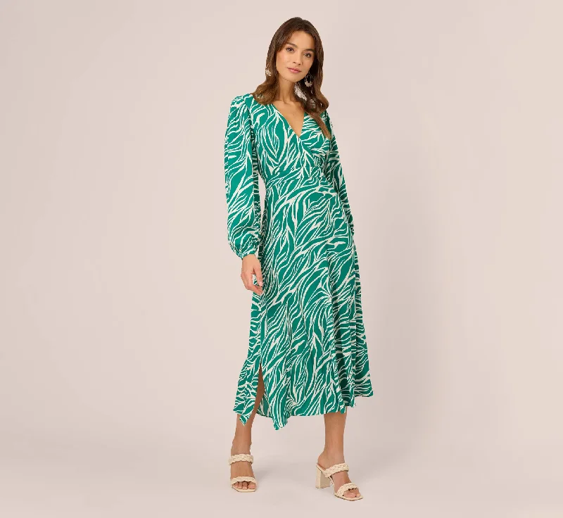 Printed Faux Wrap Dress With Bishop Long Sleeves In Green Ivory