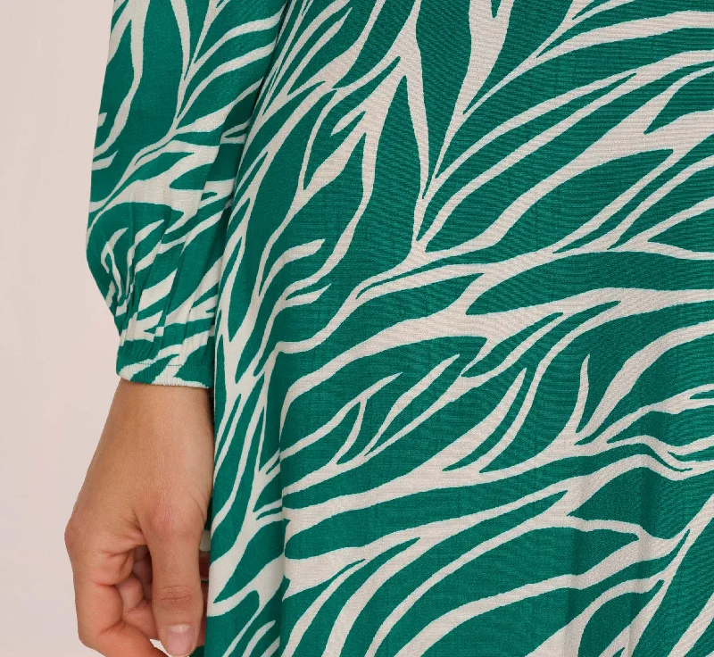 Printed Faux Wrap Dress With Bishop Long Sleeves In Green Ivory