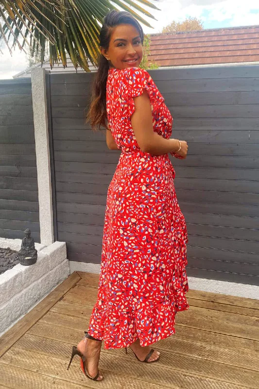 Red Abstract Print Wrap Midi Dress