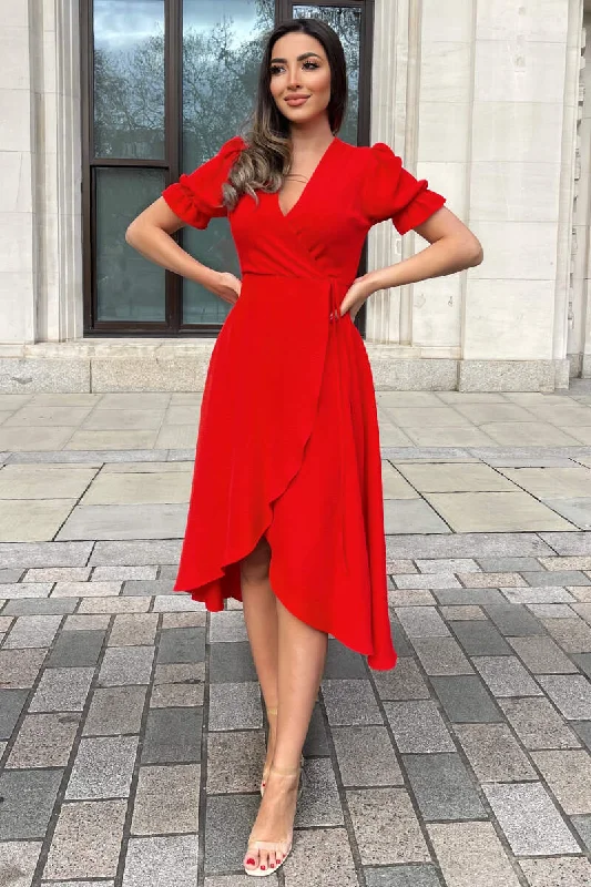 Red Wrap Side Tie Midi Dress