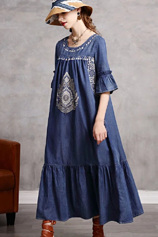 Ruffle Sleeve Embroidered Denim Shift Dress