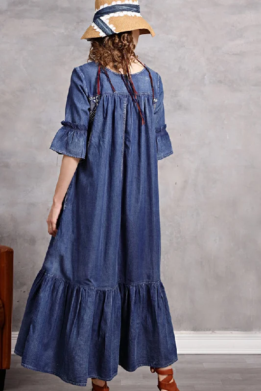 Ruffle Sleeve Embroidered Denim Shift Dress