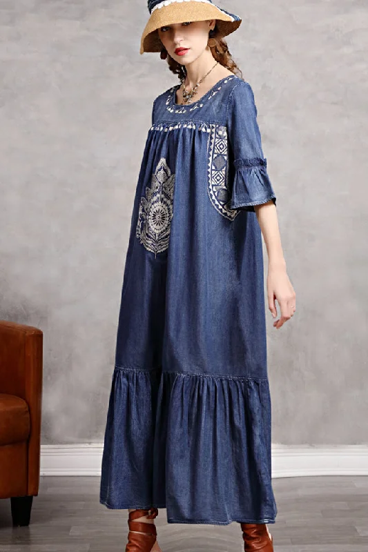 Ruffle Sleeve Embroidered Denim Shift Dress