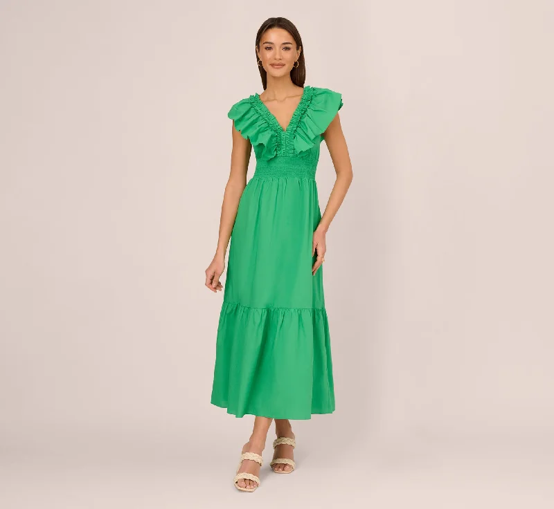 Ruffled Maxi Dress With Shirred Details In Green