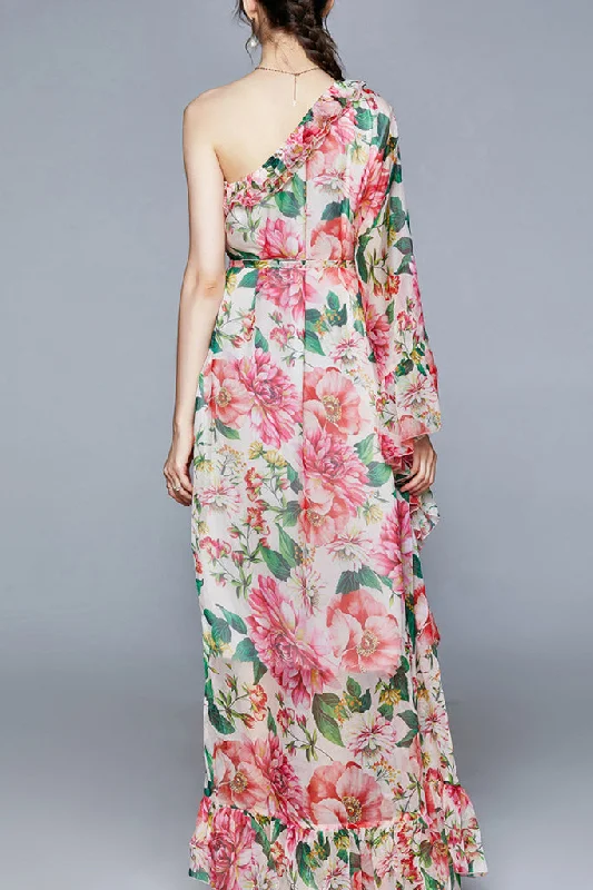 Single Sleeve Waist Belted Floral Maxi Dress