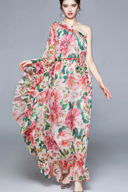 Single Sleeve Waist Belted Floral Maxi Dress