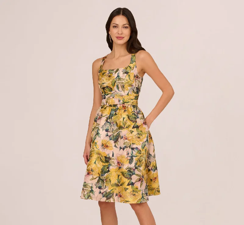 Sleeveless Floral Jacquard Fit And Flare Dress With Square Neckline In Yellow Multi