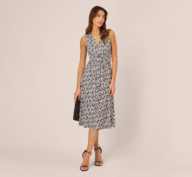 Sleeveless Geo Print Midi Dress With Knotted Detail In Black White