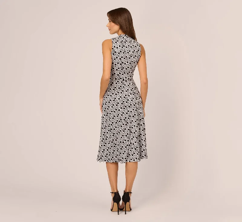 Sleeveless Geo Print Midi Dress With Knotted Detail In Black White