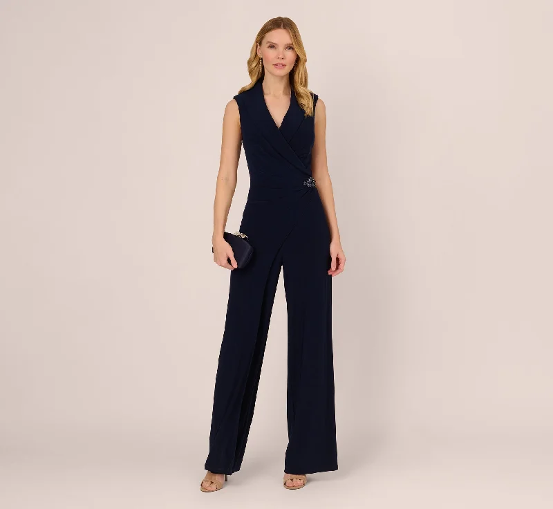 Sleeveless Jersey Wide Leg Jumpsuit With Shawl Neckline In Midnight