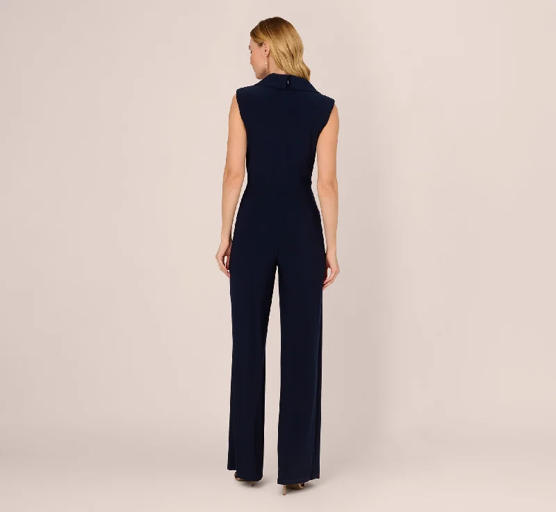 Sleeveless Jersey Wide Leg Jumpsuit With Shawl Neckline In Midnight