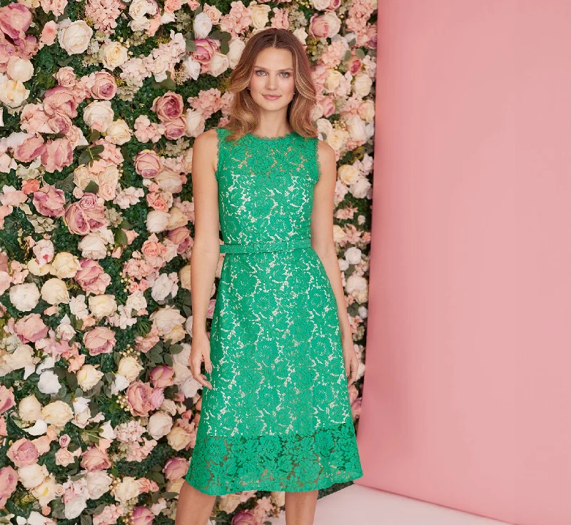 Sleeveless Lace Fit And Flare Dress With Sheer Details In Botanic Green